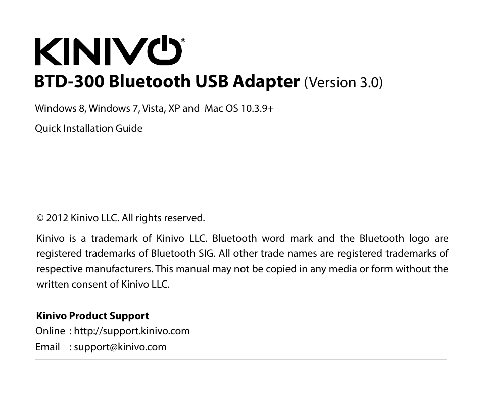 Kinivo BTD-300 Bluetooth 3.0 USB Adapter EN User Manual | 8 pages