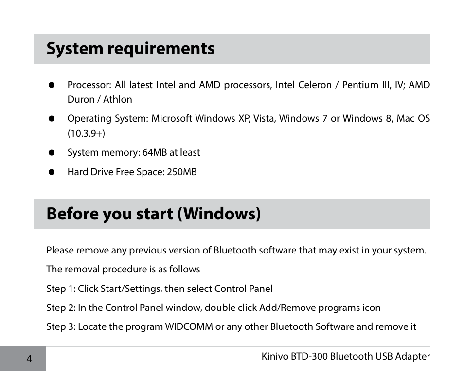 System requirements, Before you start (windows) | Kinivo BTD-300 Bluetooth 3.0 USB Adapter EN User Manual | Page 4 / 8