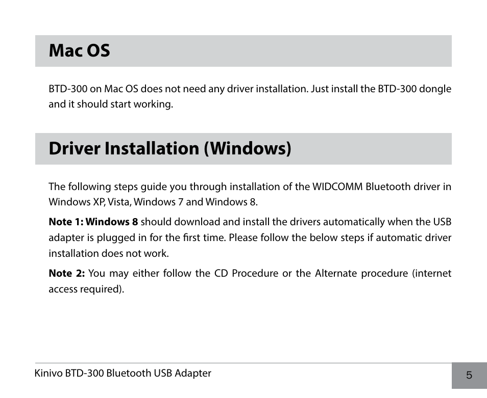 Mac os, Driver installation (windows) | Kinivo BTD-300 Bluetooth 3.0 USB Adapter EN User Manual | Page 5 / 8