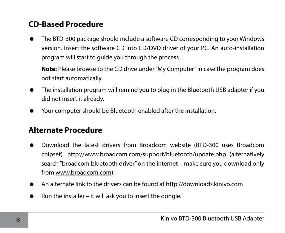 Cd-based procedure, Alternate procedure | Kinivo BTD-300 Bluetooth 3.0 USB Adapter EN User Manual | Page 6 / 8