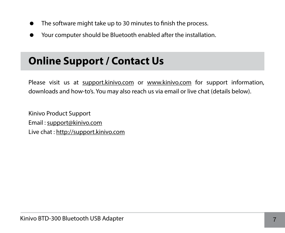 Online support / contact us | Kinivo BTD-300 Bluetooth 3.0 USB Adapter EN User Manual | Page 7 / 8