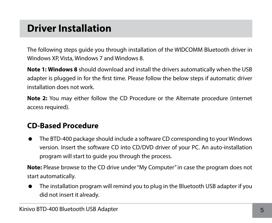 Driver installation, Cd-based procedure | Kinivo BTD-400 Bluetooth 4.0 USB adapter EN User Manual | Page 5 / 8