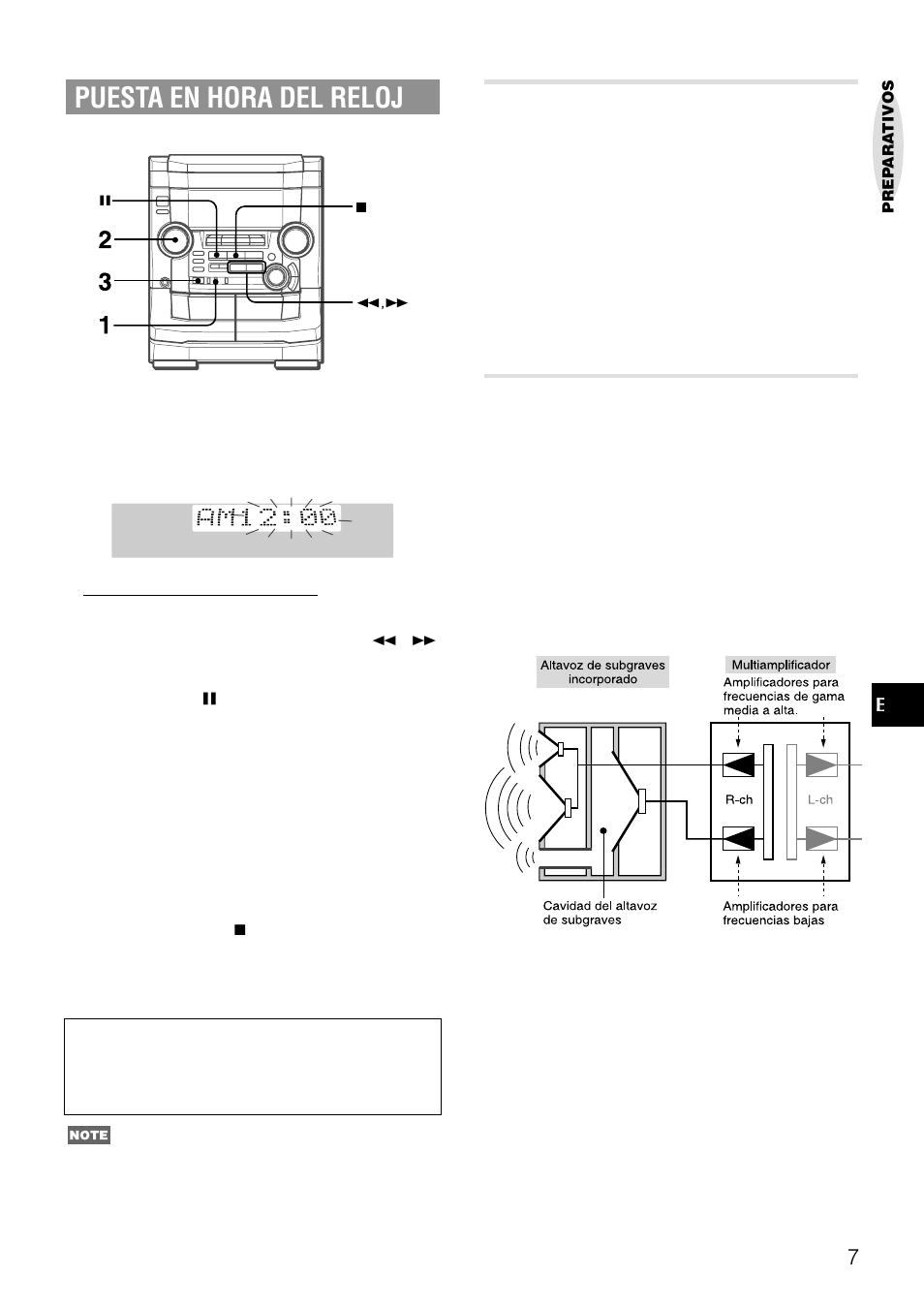 Puesta en hora del reloj, Sistema multiamplificador de 4 canales, Sistema de altavoz de subgraves incorporado | Aiwa NSX-AJ50 User Manual | Page 30 / 68