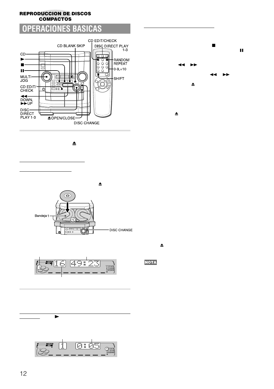 Operaciones basicas, Introduccion de discos, Reproduccion de discos | Aiwa NSX-AJ50 User Manual | Page 35 / 68
