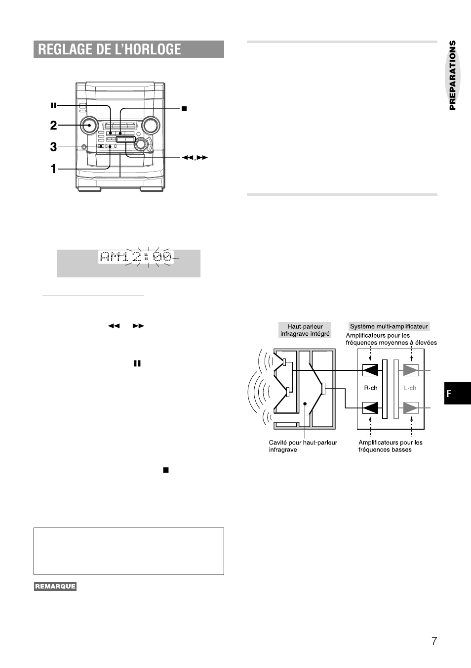 Reglage de l’horloge, Fsystème multi-amplificateur à quatre canaux, Système à haut-parleur infragrave intégré | Aiwa NSX-AJ50 User Manual | Page 52 / 68