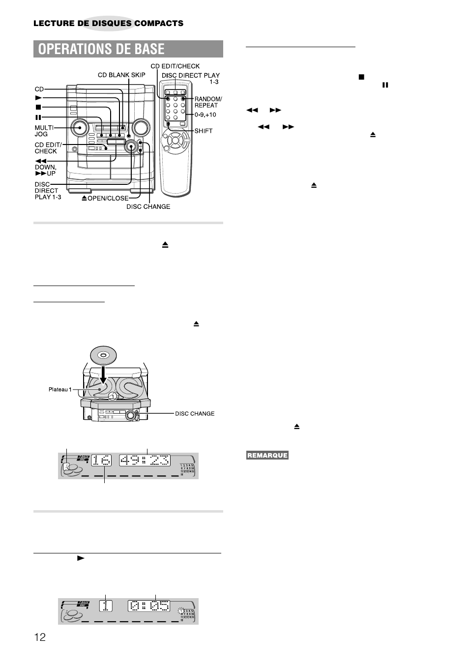 Operations de base, Mise en place de disques, Lecture de disques | Aiwa NSX-AJ50 User Manual | Page 57 / 68