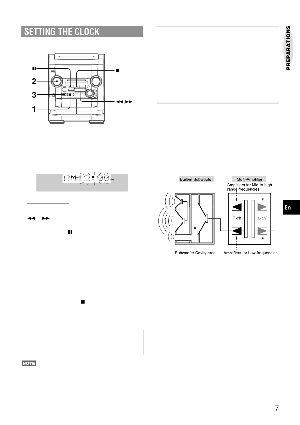 Setting the clock, Channel multi-amplifier system, Built-in subwoofer system | Aiwa NSX-AJ50 User Manual | Page 7 / 68