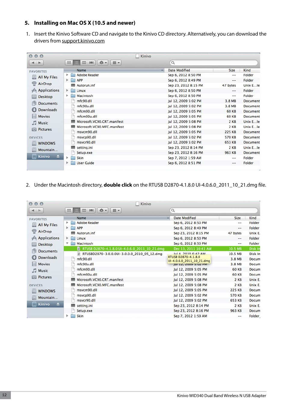 Installing on mac os x (10.5 and newer) | Kinivo WID340 300 Mbps Dual Band Wireless N USB Adapter User Manual | Page 12 / 20