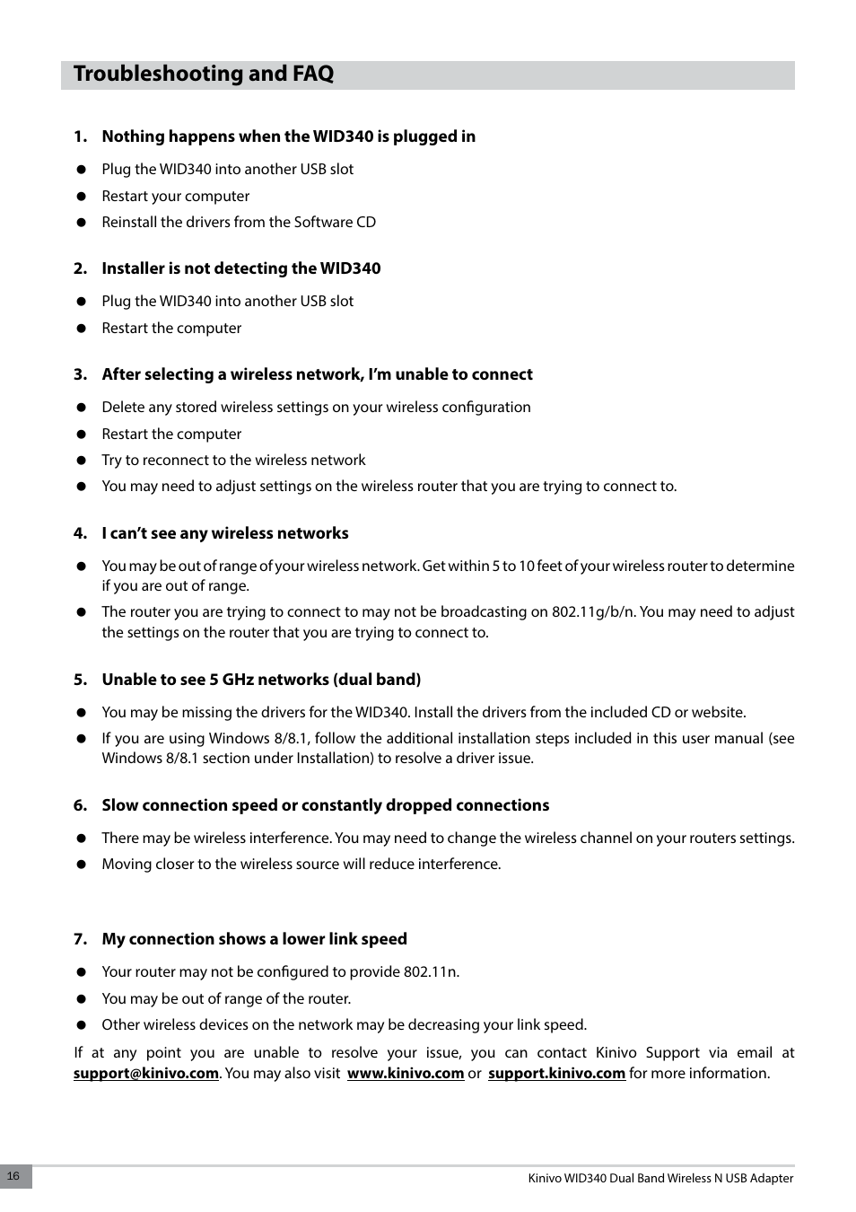 Troubleshooting and faq | Kinivo WID340 300 Mbps Dual Band Wireless N USB Adapter User Manual | Page 16 / 20