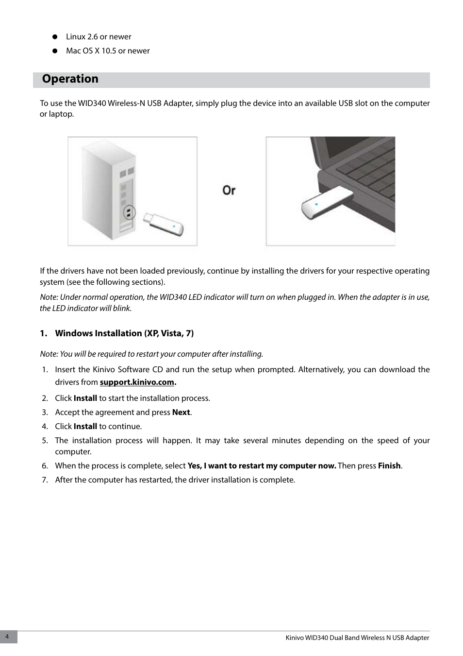 Operation, Windows installation (xp, vista, 7) | Kinivo WID340 300 Mbps Dual Band Wireless N USB Adapter User Manual | Page 4 / 20