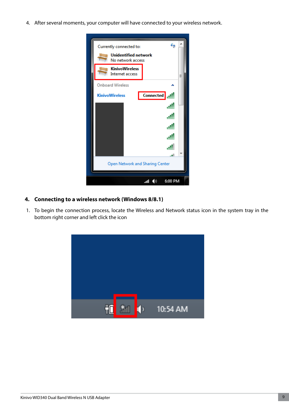 Connecting to a wireless network (windows 8/8.1) | Kinivo WID340 300 Mbps Dual Band Wireless N USB Adapter User Manual | Page 9 / 20