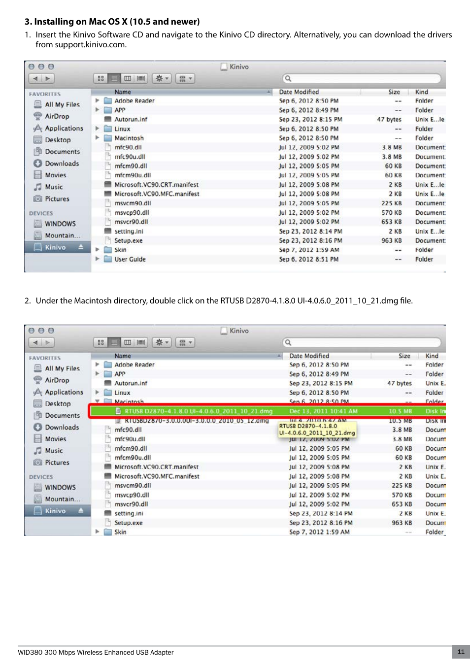 Installing on mac os x (10.5 and newer) | Kinivo WID380 300 Mbps Enhanced USB Wireless Network Adapter User Manual | Page 11 / 18