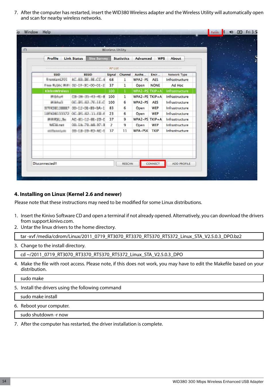 Installing on linux (kernel 2.6 and newer) | Kinivo WID380 300 Mbps Enhanced USB Wireless Network Adapter User Manual | Page 14 / 18