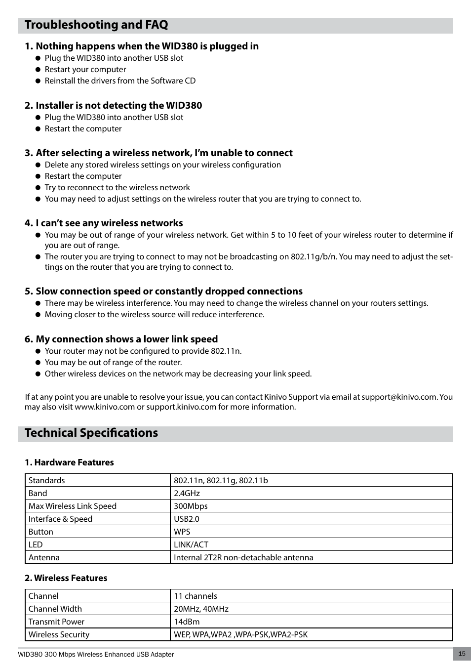 Troubleshooting and faq, Technical specifications, Hardware features | Wireless features, Hardware features 2. wireless features | Kinivo WID380 300 Mbps Enhanced USB Wireless Network Adapter User Manual | Page 15 / 18