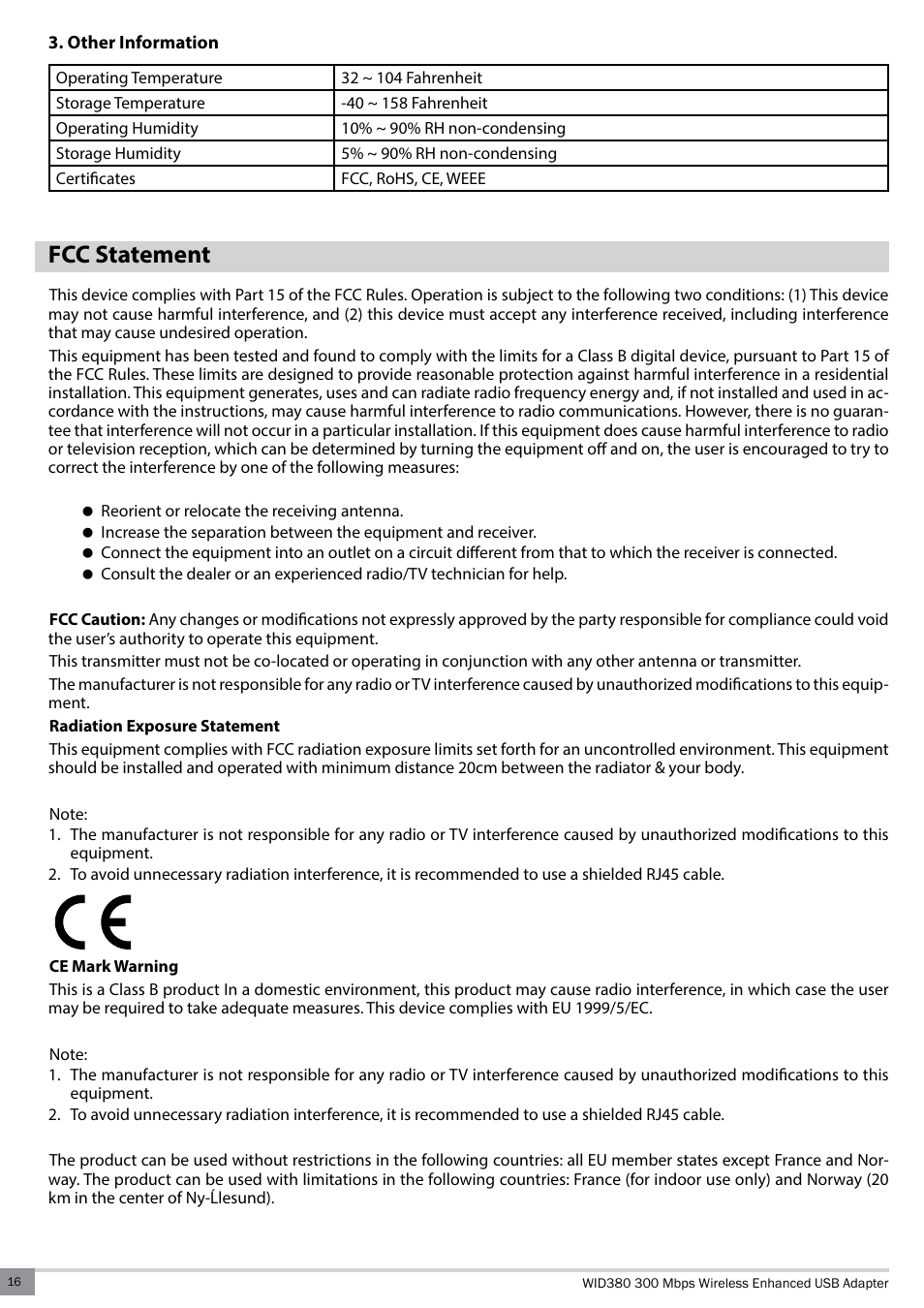 Other information, Fcc statement | Kinivo WID380 300 Mbps Enhanced USB Wireless Network Adapter User Manual | Page 16 / 18