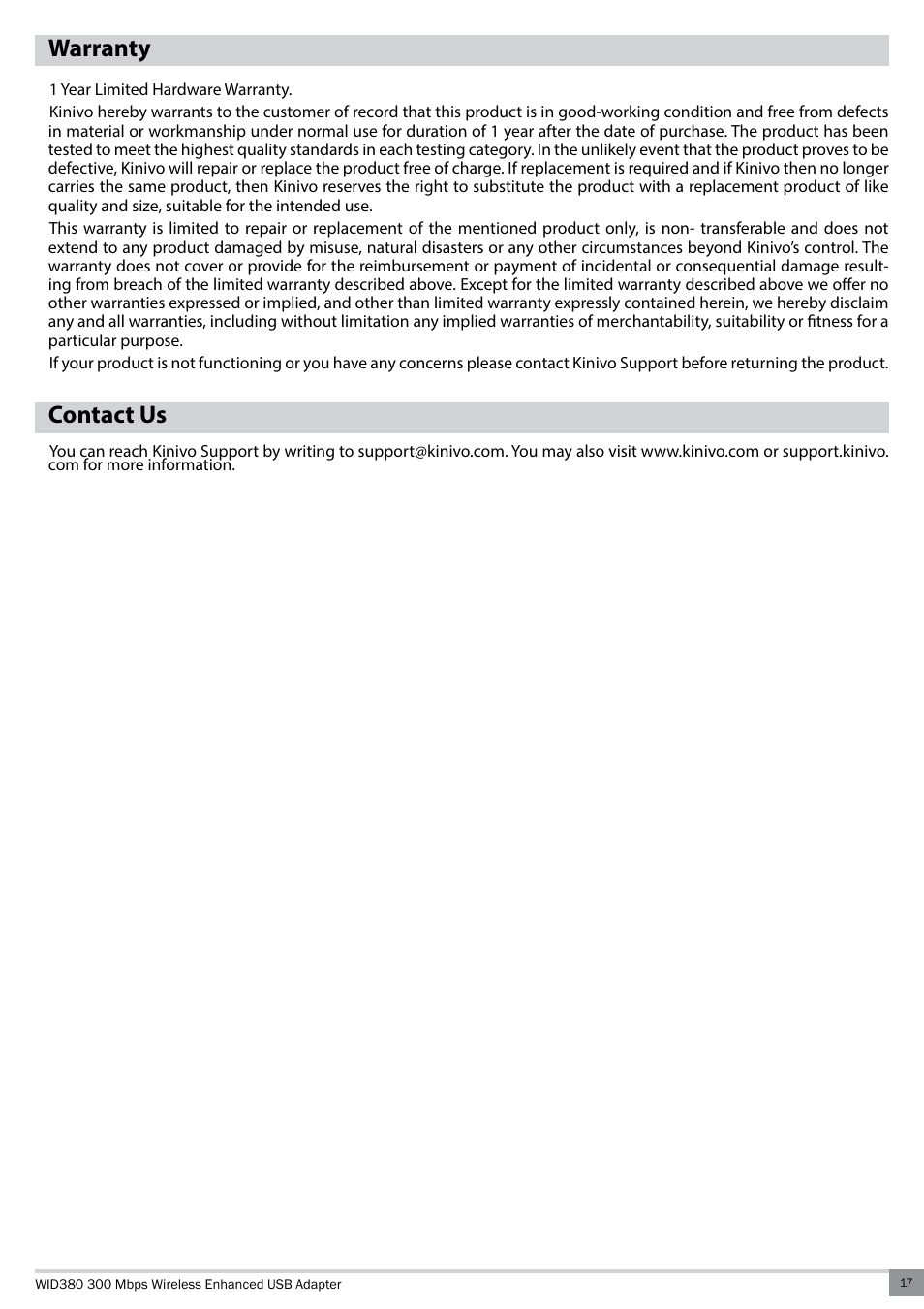 Warranty, Contact us | Kinivo WID380 300 Mbps Enhanced USB Wireless Network Adapter User Manual | Page 17 / 18