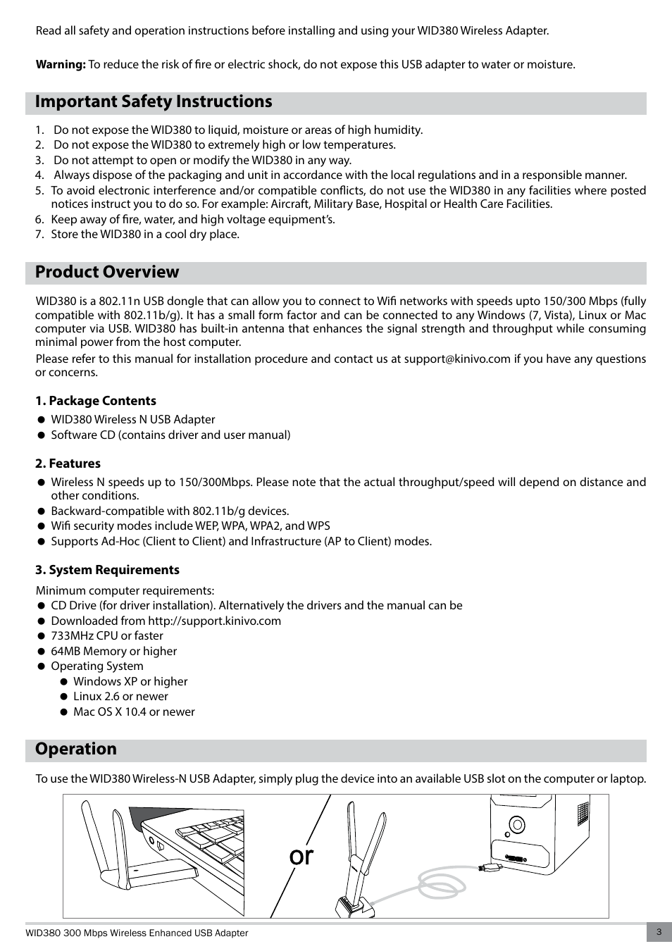 Important safety instructions, Product overview, Package contents | Features, System requirements, Operation | Kinivo WID380 300 Mbps Enhanced USB Wireless Network Adapter User Manual | Page 3 / 18