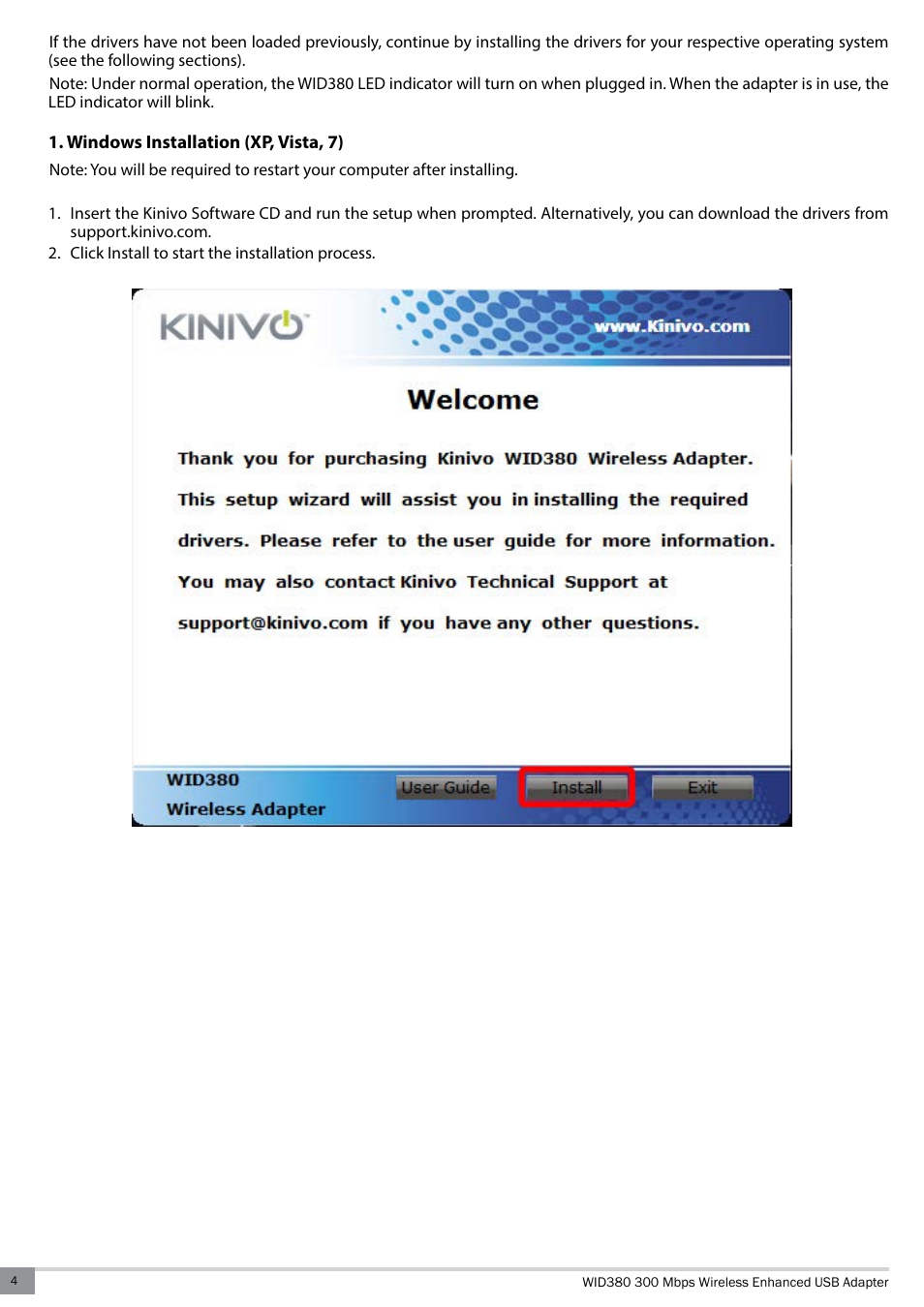 Windows installation (xp, vista, 7) | Kinivo WID380 300 Mbps Enhanced USB Wireless Network Adapter User Manual | Page 4 / 18