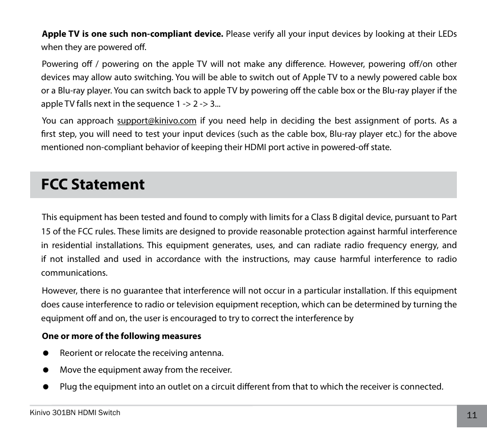 Fcc statement | Kinivo 301BN Premium 3 port HDMI switch EN User Manual | Page 11 / 14