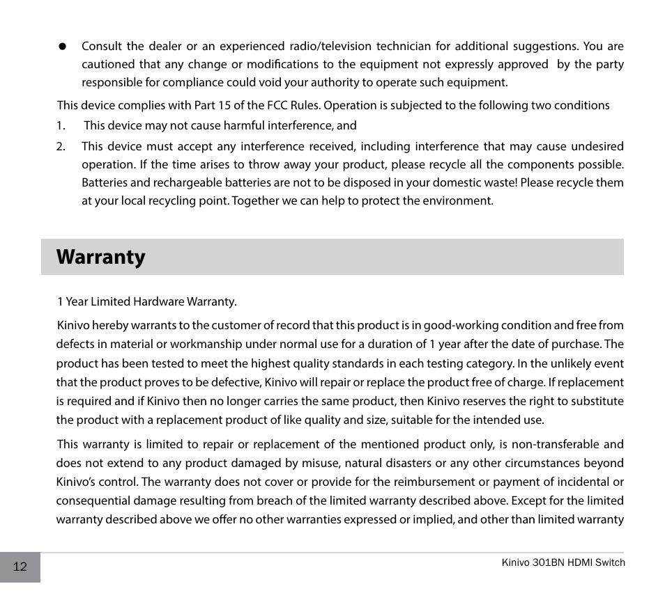 Warranty | Kinivo 301BN Premium 3 port HDMI switch EN User Manual | Page 12 / 14
