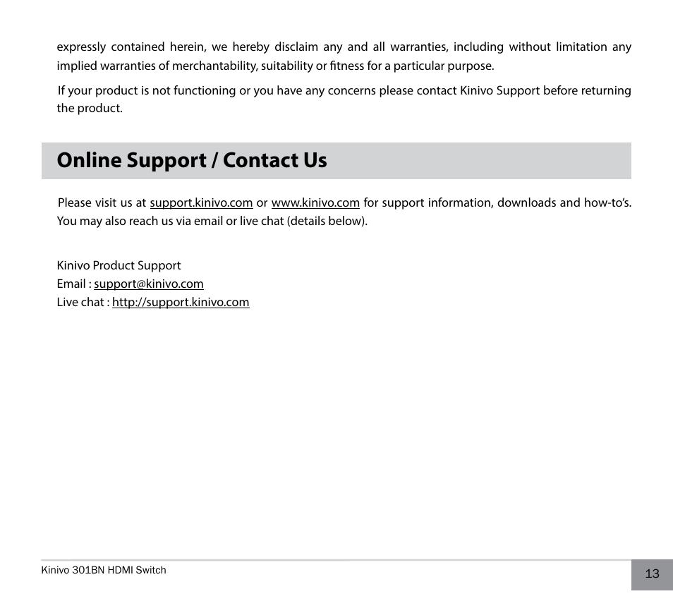 Online support / contact us | Kinivo 301BN Premium 3 port HDMI switch EN User Manual | Page 13 / 14