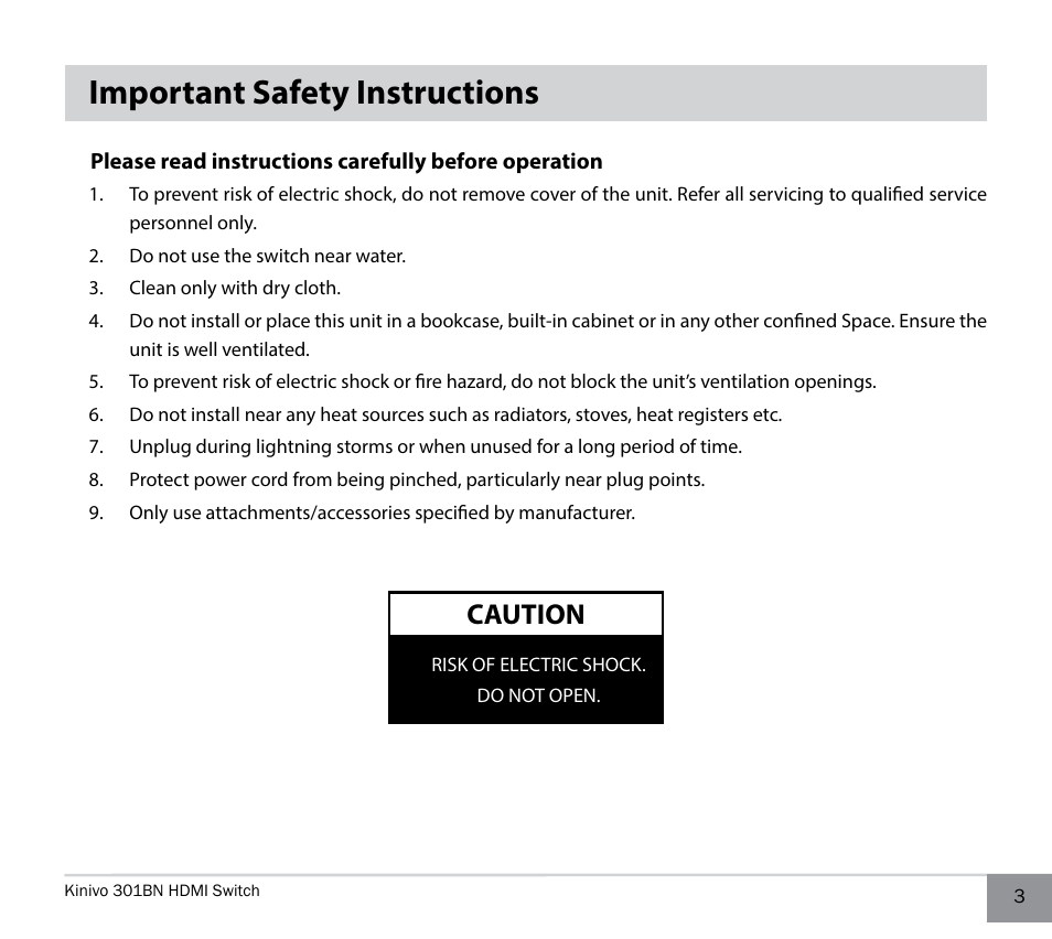 Important safety instructions, Caution | Kinivo 301BN Premium 3 port HDMI switch EN User Manual | Page 3 / 14
