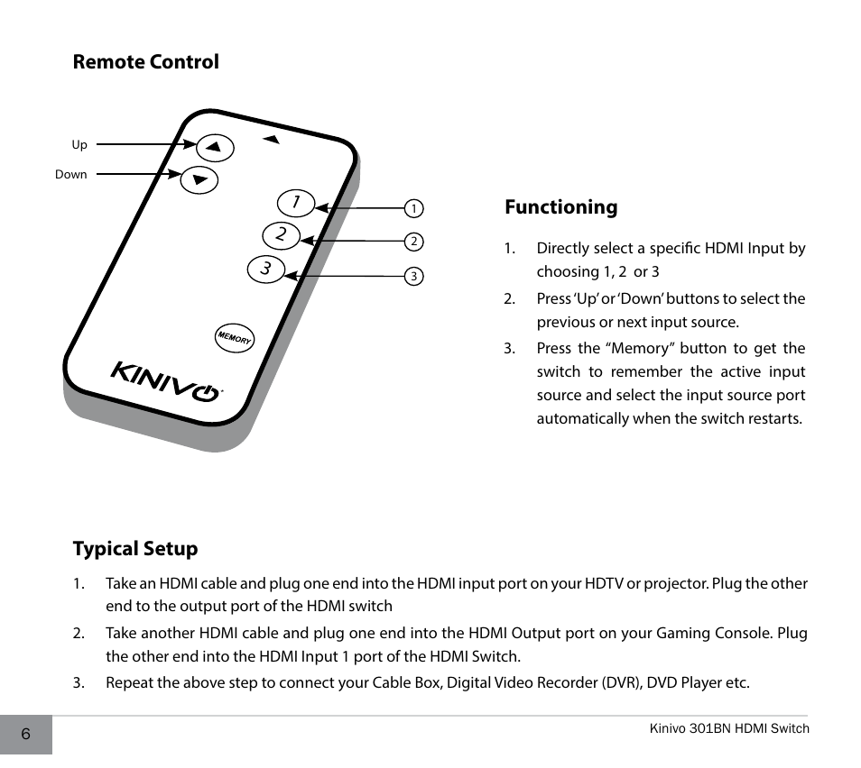 Remote control, Typical setup, Remote control typical setup | Functioning | Kinivo 301BN Premium 3 port HDMI switch EN User Manual | Page 6 / 14