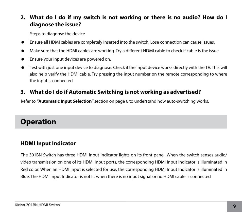 Operation, Hdmi input indicator | Kinivo 301BN Premium 3 port HDMI switch EN User Manual | Page 9 / 14