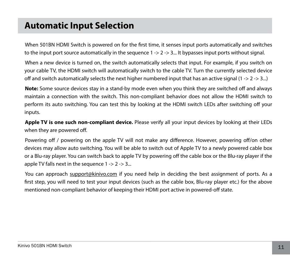 Automatic input selection | Kinivo 501BN Premium 5 port HDMI switch EN User Manual | Page 11 / 16