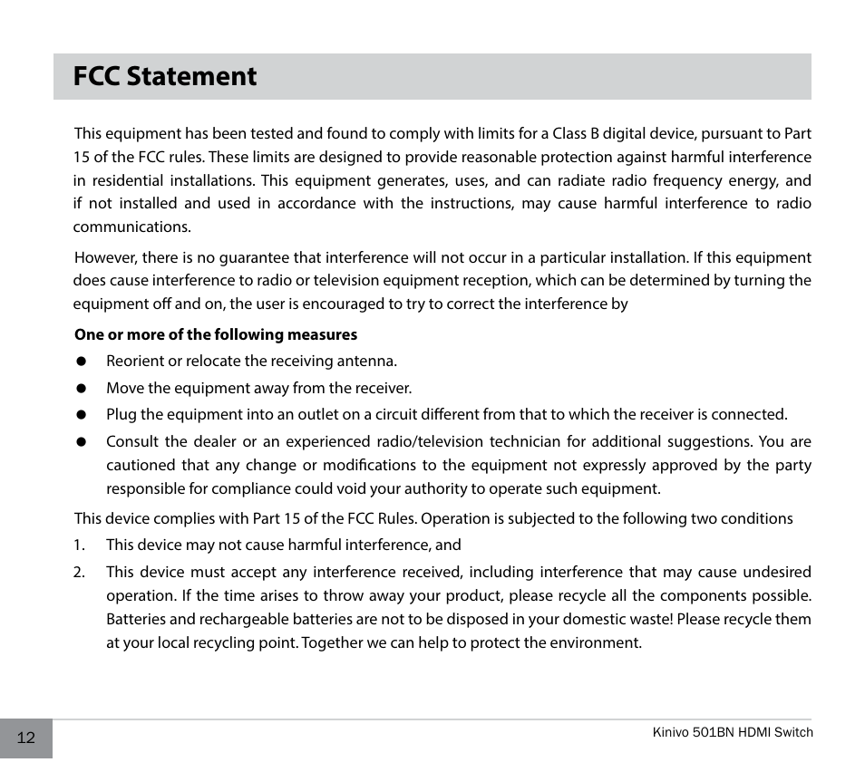 Fcc statement | Kinivo 501BN Premium 5 port HDMI switch EN User Manual | Page 12 / 16