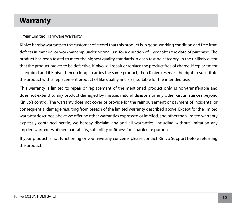 Warranty | Kinivo 501BN Premium 5 port HDMI switch EN User Manual | Page 13 / 16