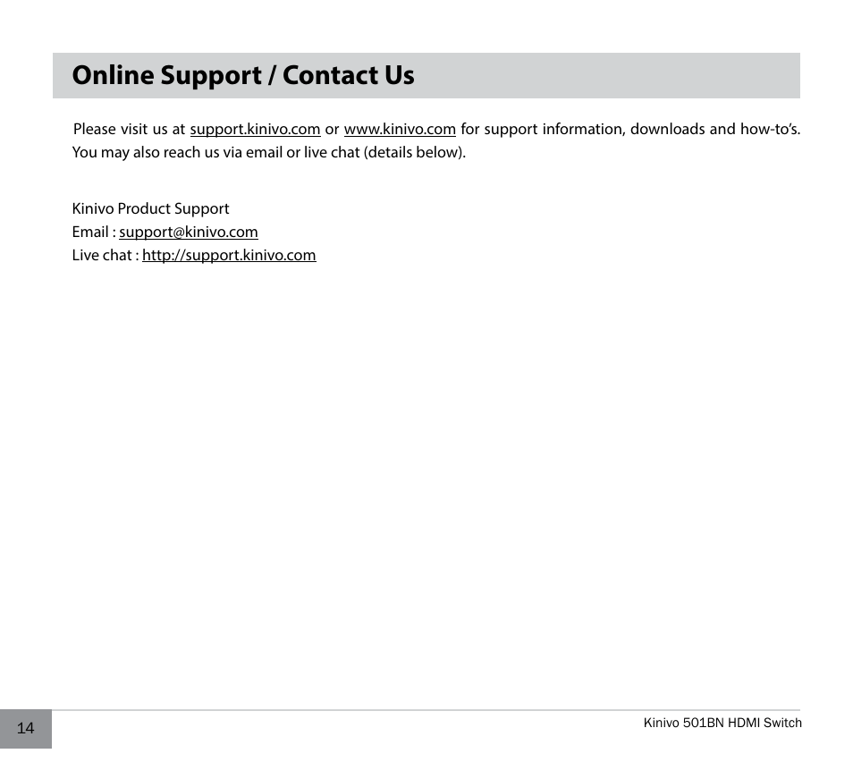 Online support / contact us | Kinivo 501BN Premium 5 port HDMI switch EN User Manual | Page 14 / 16