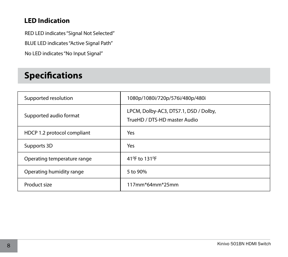 Led indication, Specifications | Kinivo 501BN Premium 5 port HDMI switch EN User Manual | Page 8 / 16