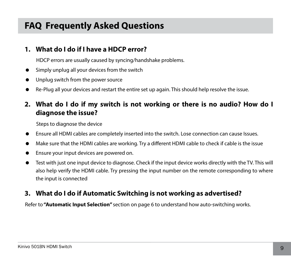 Faq frequently asked questions, What do i do if i have a hdcp error | Kinivo 501BN Premium 5 port HDMI switch EN User Manual | Page 9 / 16
