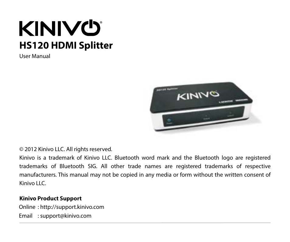 Kinivo HS120 Premium 2 Port High Speed HDMI Splitter User Manual | 10 pages