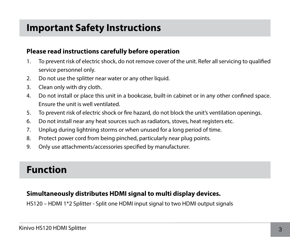 Important safety instructions, Function | Kinivo HS120 Premium 2 Port High Speed HDMI Splitter User Manual | Page 3 / 10