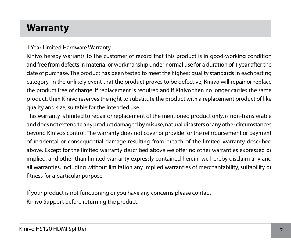 Warranty | Kinivo HS120 Premium 2 Port High Speed HDMI Splitter User Manual | Page 7 / 10