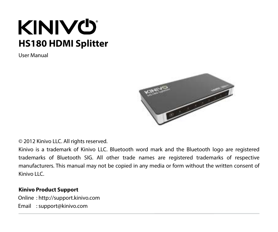 Kinivo HS180 Premium 8 Port High Speed HDMI Splitter User Manual | 10 pages