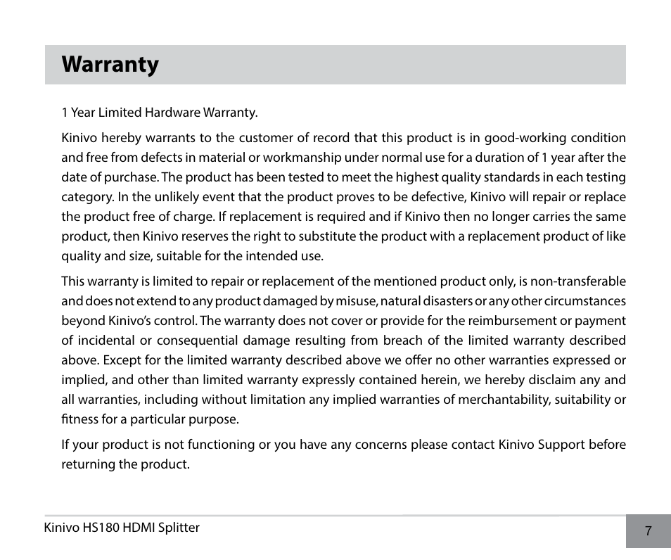 Warranty | Kinivo HS180 Premium 8 Port High Speed HDMI Splitter User Manual | Page 7 / 10