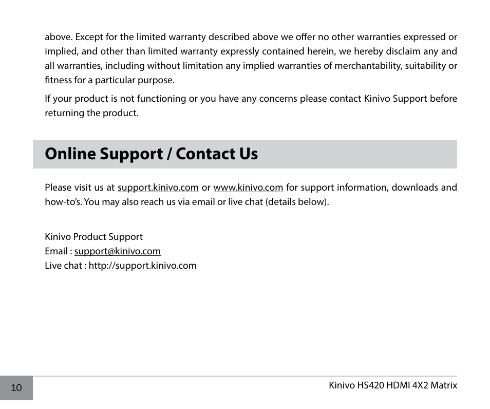 Online support / contact us | Kinivo HS420 Premium 4x2 High Speed HDMI Matrix with Remote Control User Manual | Page 10 / 12
