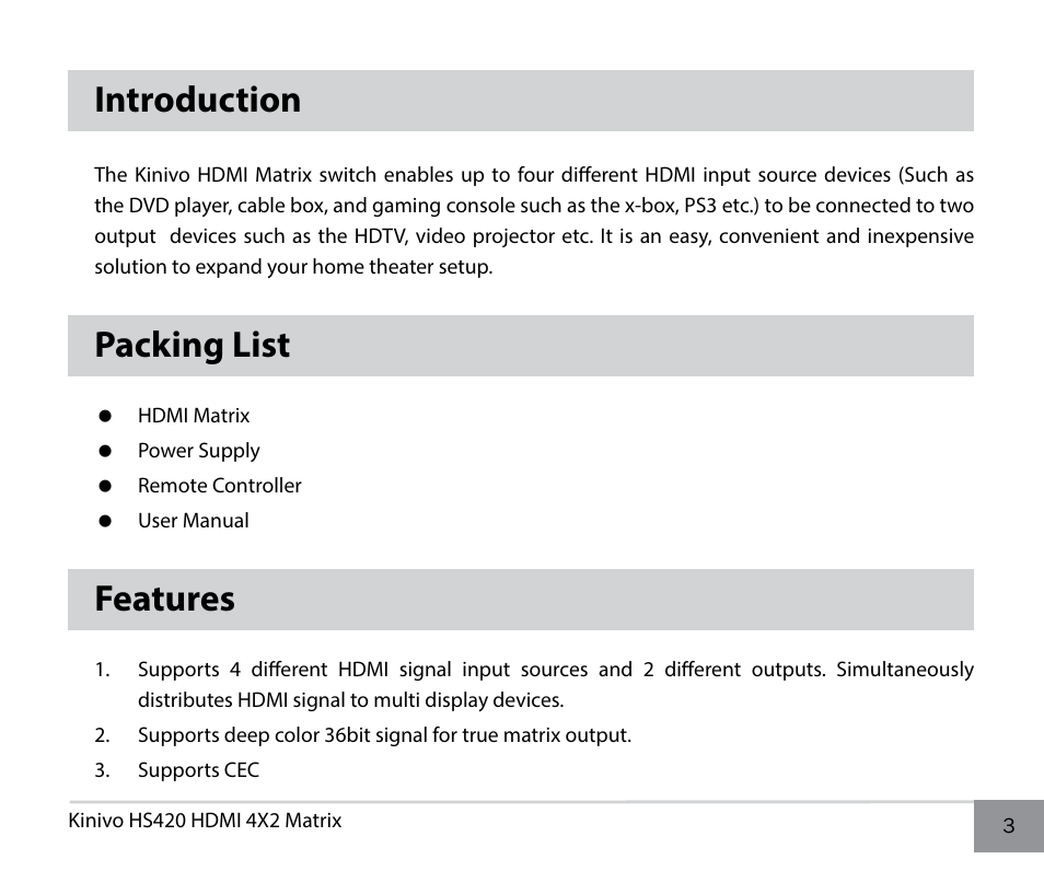 Introduction, Packing list, Features | Kinivo HS420 Premium 4x2 High Speed HDMI Matrix with Remote Control User Manual | Page 3 / 12