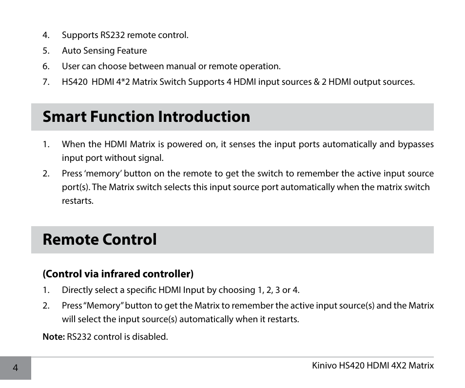 Smart function introduction, Remote control | Kinivo HS420 Premium 4x2 High Speed HDMI Matrix with Remote Control User Manual | Page 4 / 12