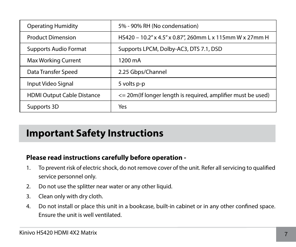 Important safety instructions | Kinivo HS420 Premium 4x2 High Speed HDMI Matrix with Remote Control User Manual | Page 7 / 12