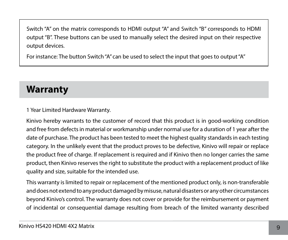 Warranty | Kinivo HS420 Premium 4x2 High Speed HDMI Matrix with Remote Control User Manual | Page 9 / 12