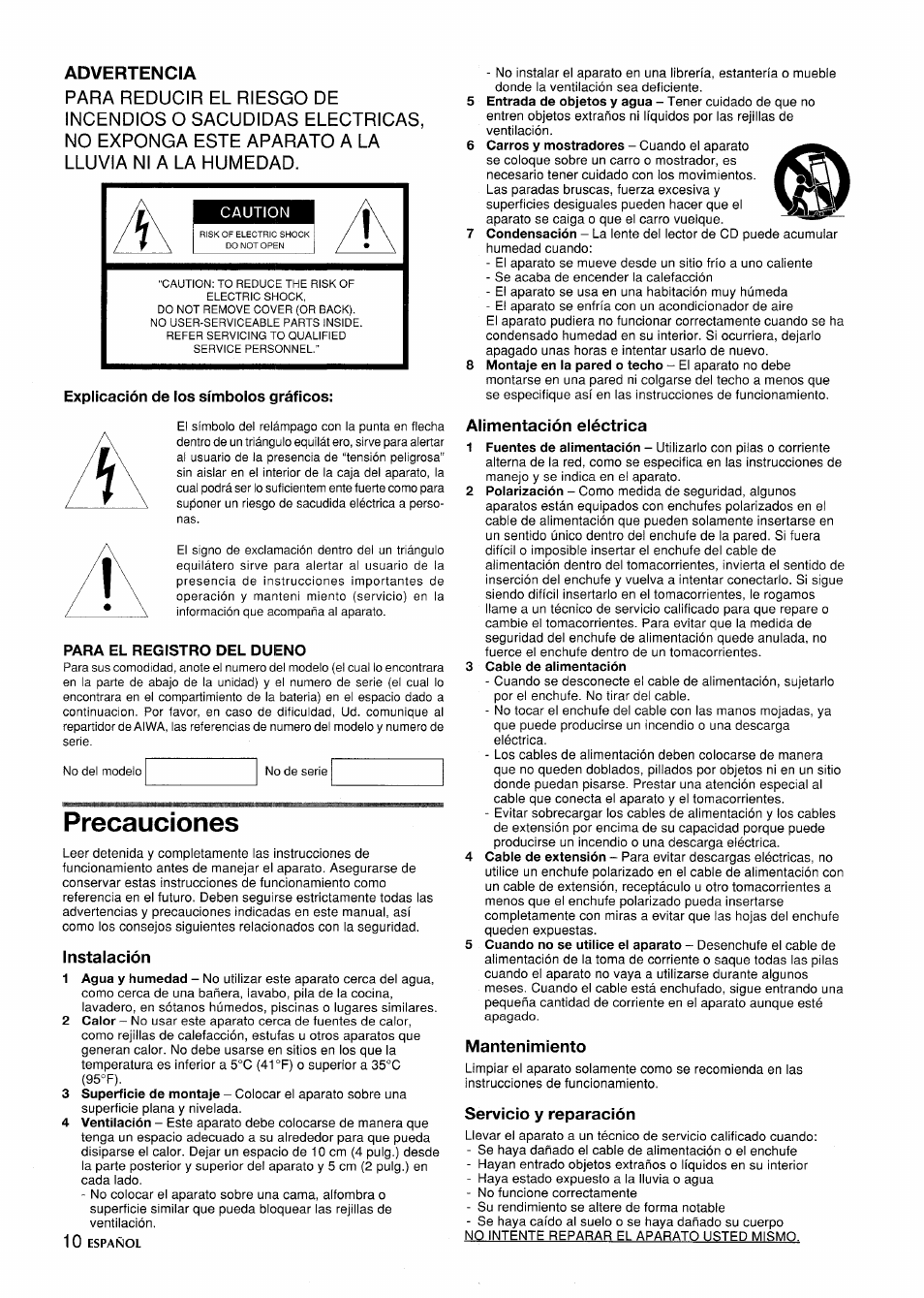 Advertencia, Explicación de los símbolos gráficos, Para el registro del dueño | Precauciones, Instalación, Alimentación eléctrica, Mantenimiento, Servicio y reparación | Aiwa CSD-ED 57 User Manual | Page 10 / 28