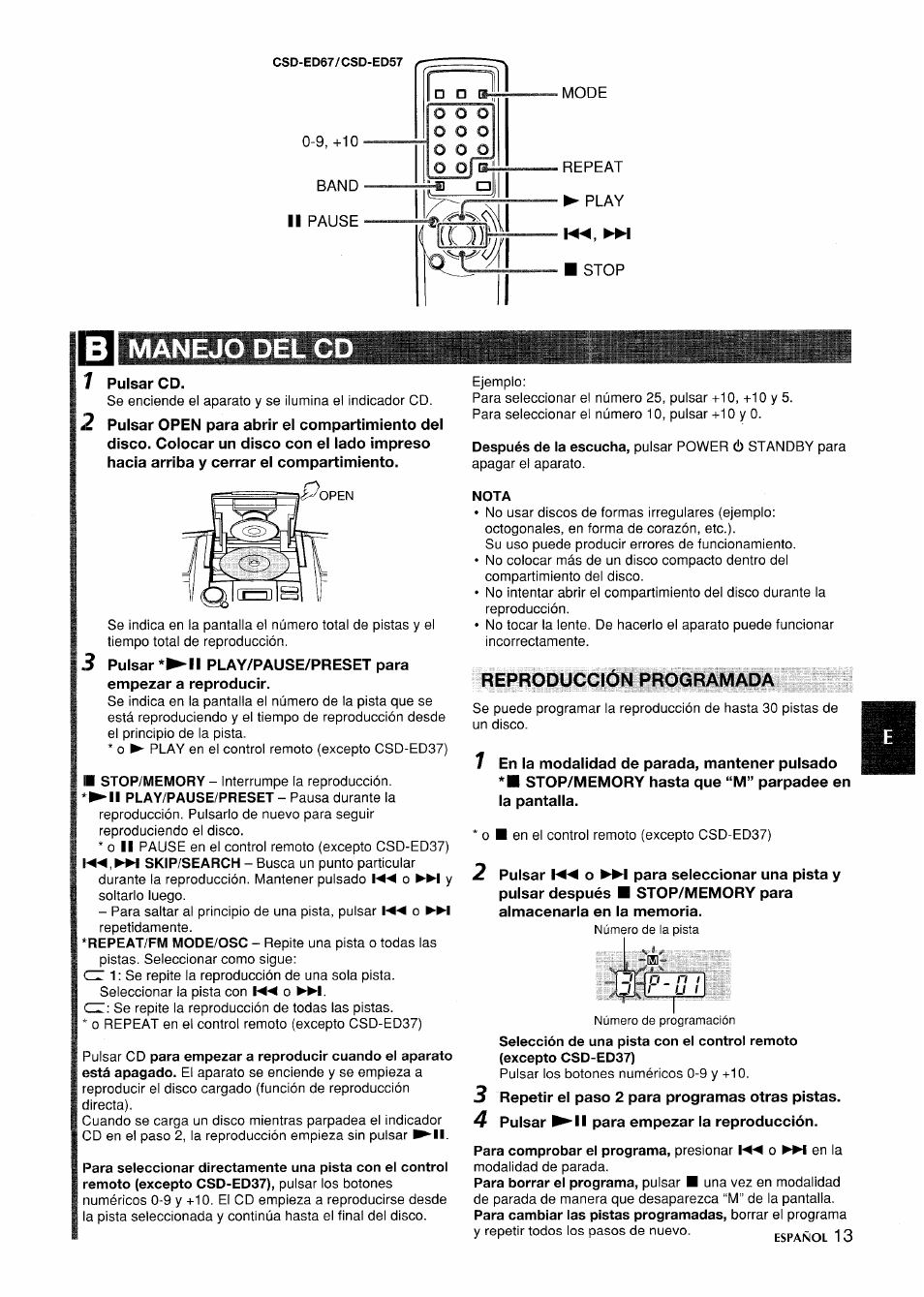 Manejo del cd, Nota, Reproducción programada | Aiwa CSD-ED 57 User Manual | Page 13 / 28