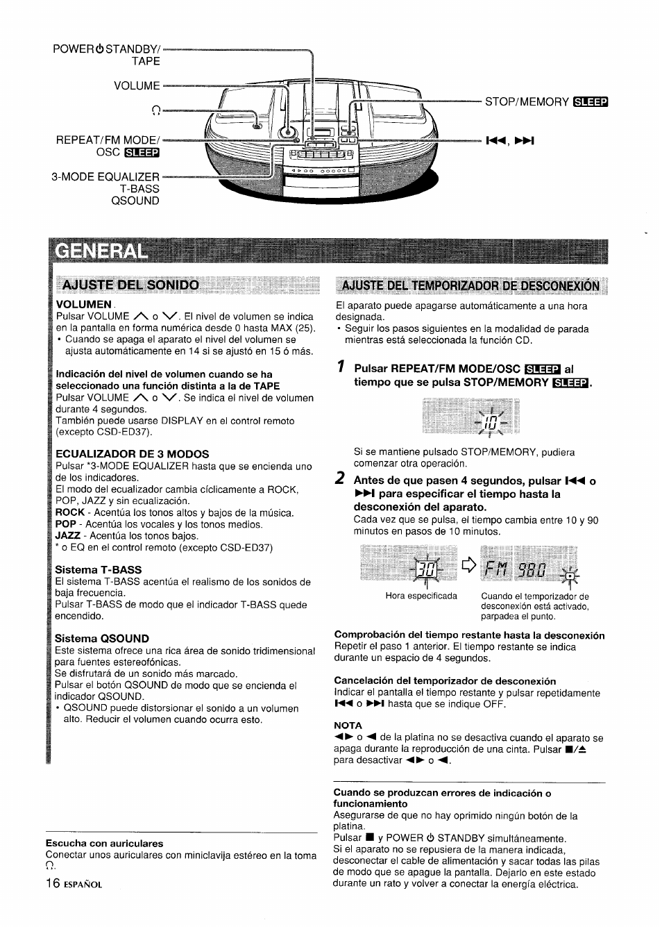 Sleep, Ajuste del sonido, Volumen | Ecualizador de 3 modos, Sistema t-bass, Sistema qsound, Ajuste del temporizador de desconexión, Cancelación del temporizador de desconexión, Escucha con auriculares | Aiwa CSD-ED 57 User Manual | Page 16 / 28