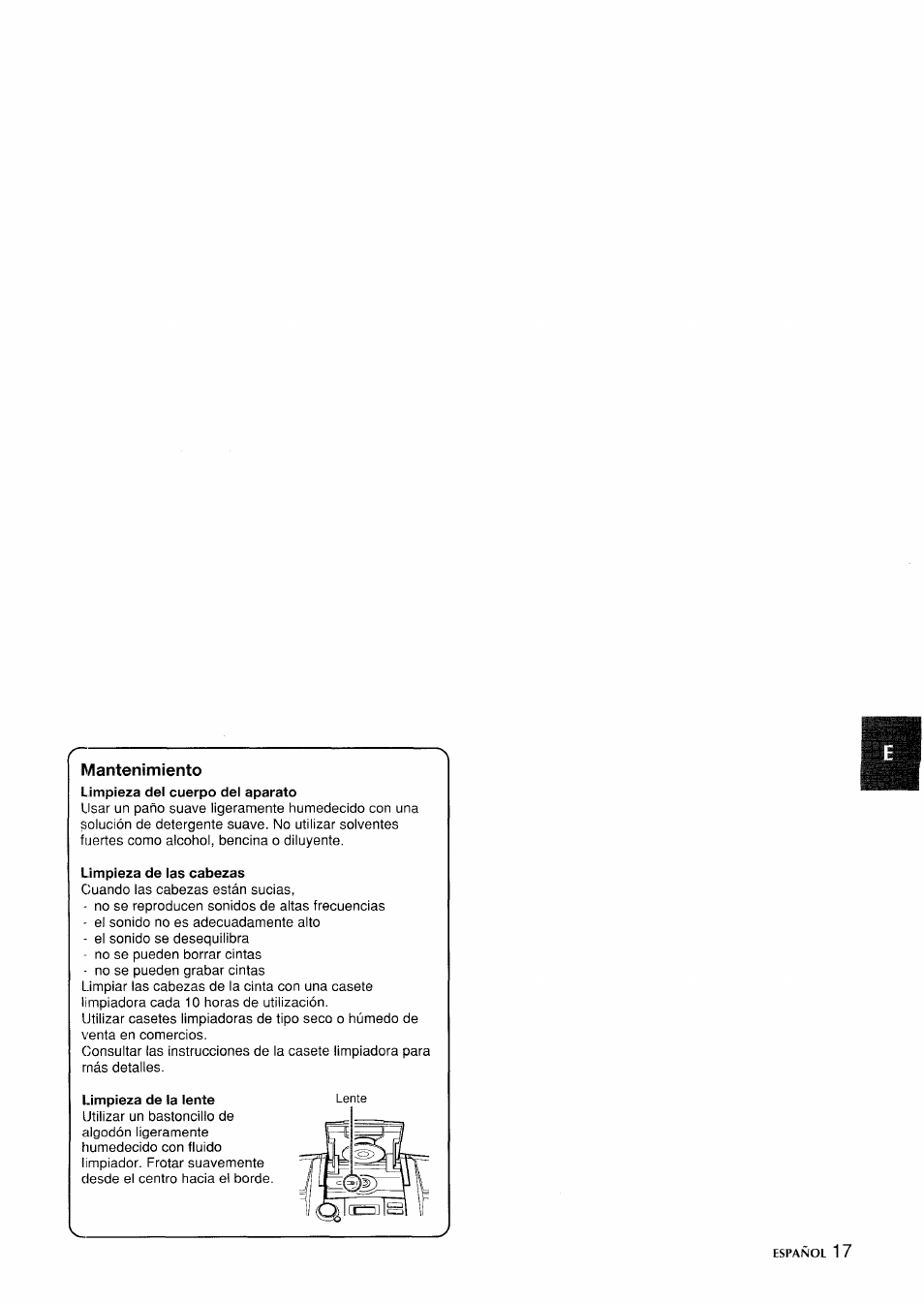 Limpieza de las cabezas, Limpieza de la lente, Mantenimiento | Aiwa CSD-ED 57 User Manual | Page 17 / 28