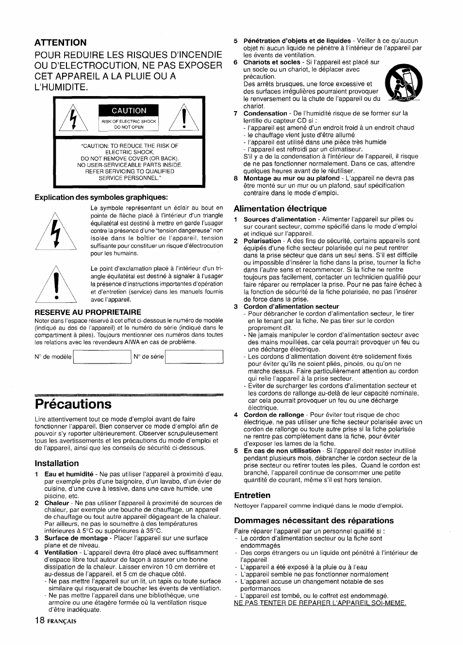 Attention, Précautions, Installation | Explication des symboles graphiques, Reserve au proprietaire, Alimentation électrique, Entretien, Dommages nécessitant des réparations | Aiwa CSD-ED 57 User Manual | Page 18 / 28