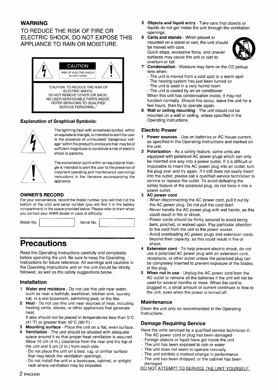 Warning, Explanation of graphical symbols, Precautions | Owner’s record, 3 ac power cord, Installation, Electric power, Maintenance, Damage requiring service | Aiwa CSD-ED 57 User Manual | Page 2 / 28
